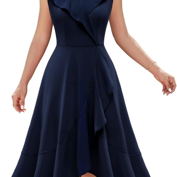 Women's Navy Cocktail Dress Stretchy A-Line Ruffle Hi-Lo Formal Prom - Picture 1 of 6
